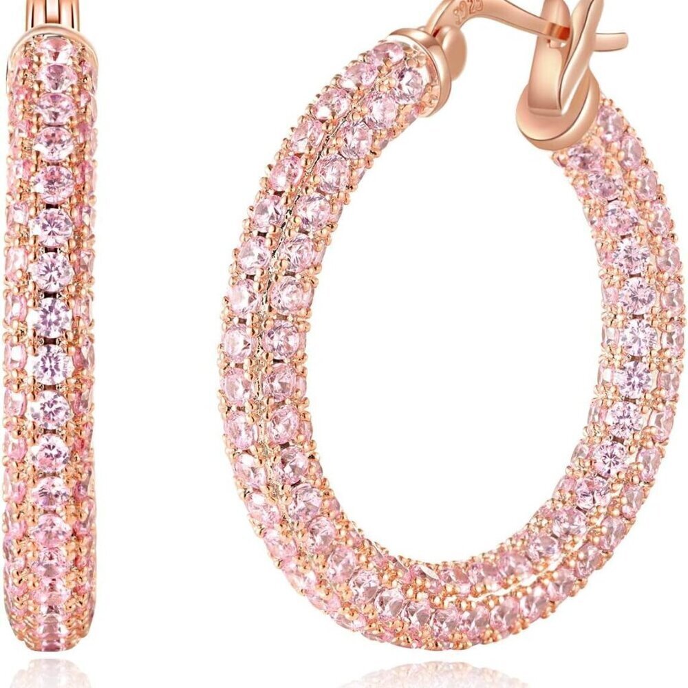 Sterling Silver Hoop Earrings Hypoallergenic 28mm Pink CZ Gift for Women